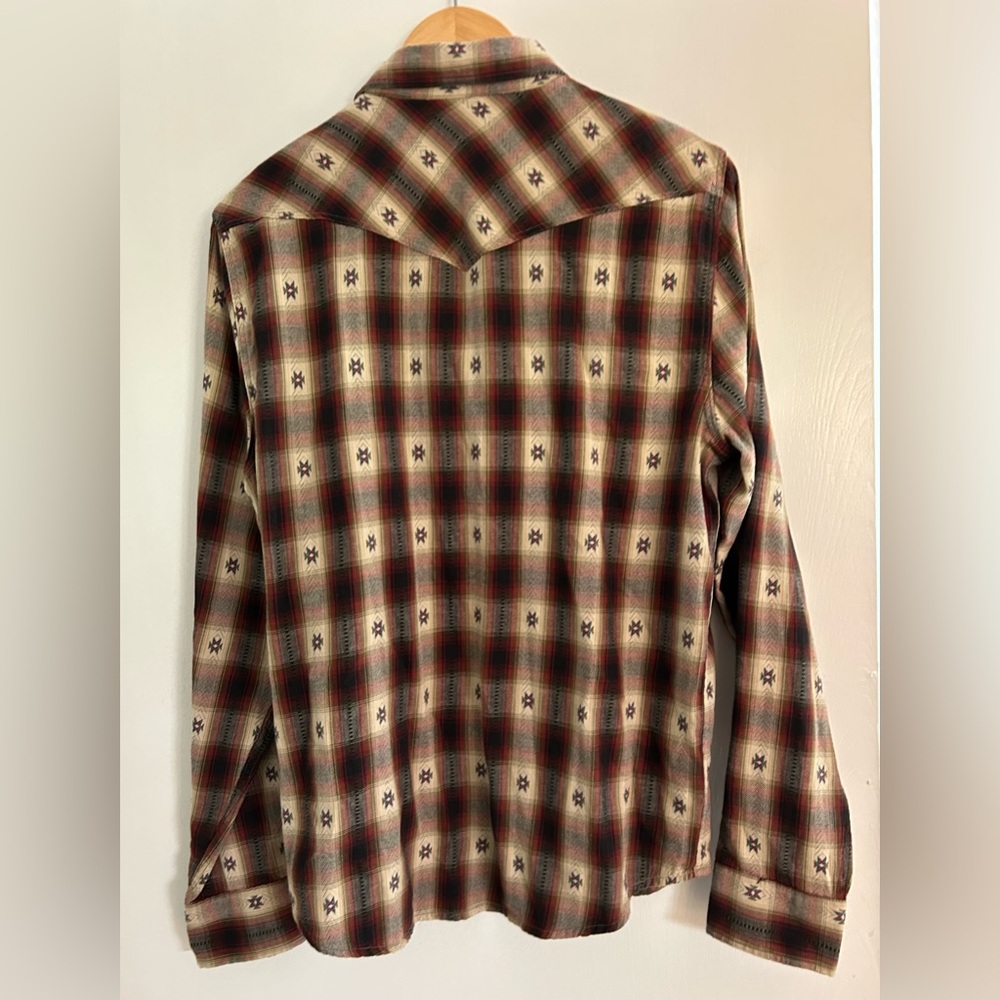 Lucky Brand men’s Plaid Dobby Western Long Sleeve Shirt, brown tan size medium M - Picture 7 of 7